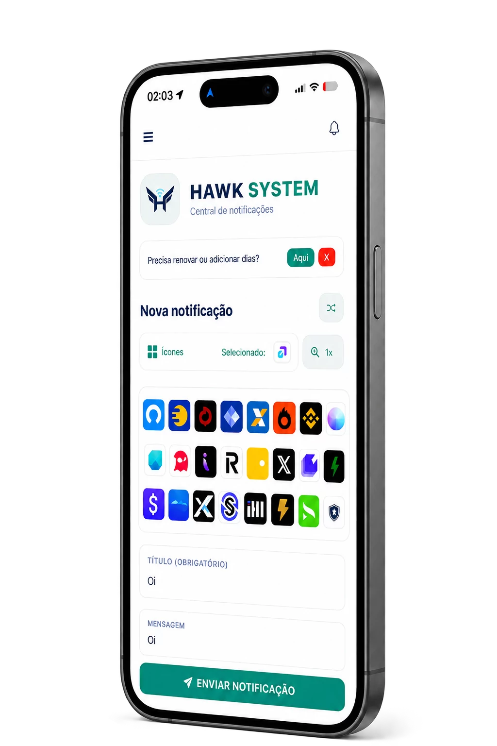 Tela do aplicativo Gerador Hawk em um iPhone inclinado, com biblioteca de ícones e formulário de notificação